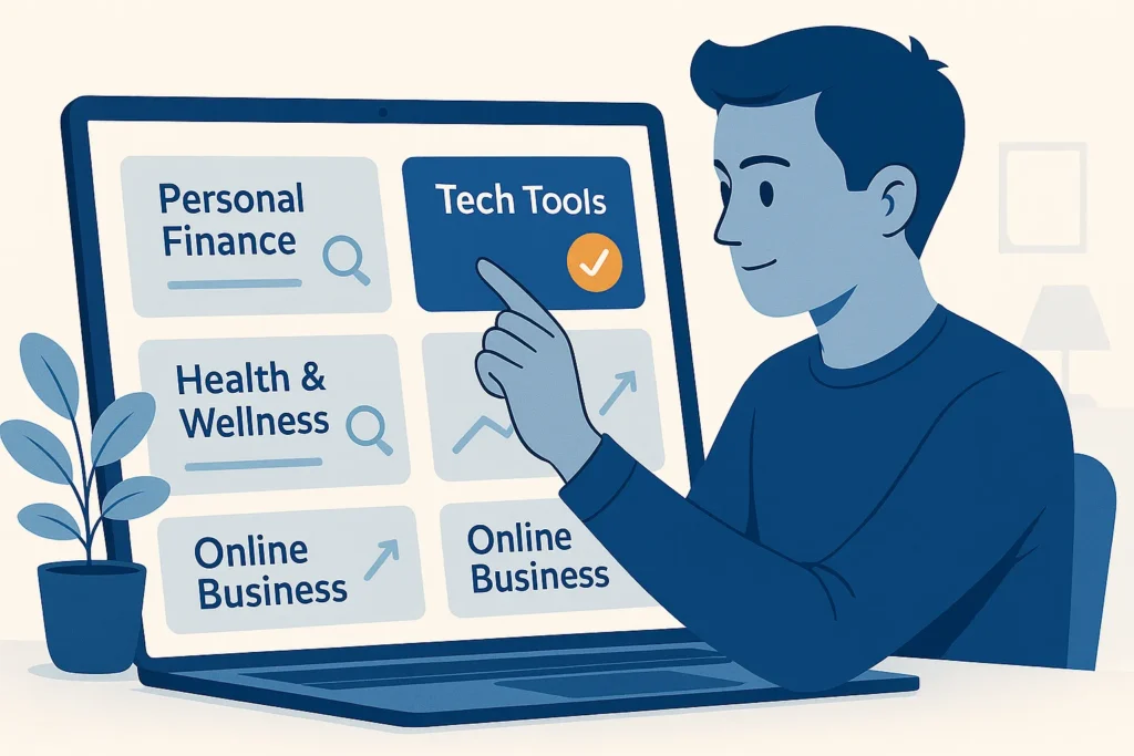 Blogger analyzing and selecting a profitable blog niche using search demand and trend indicators.
