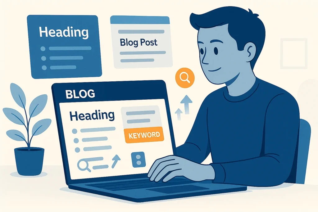 Blogger creating structured SEO-friendly content designed to attract organic traffic.