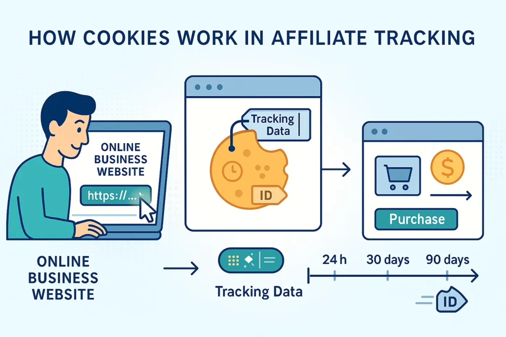 Illustration showing how affiliate cookies store tracking data and record sales within a specific time duration.