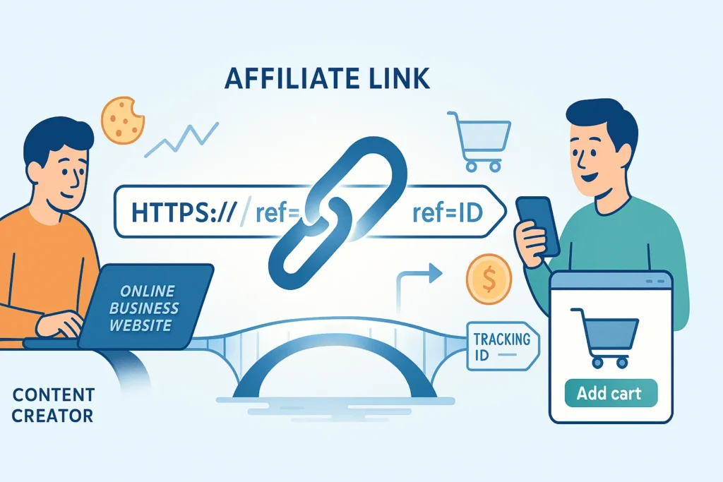 Affiliate Link acting as a digital bridge between a blogger’s online business website and a customer purchase.