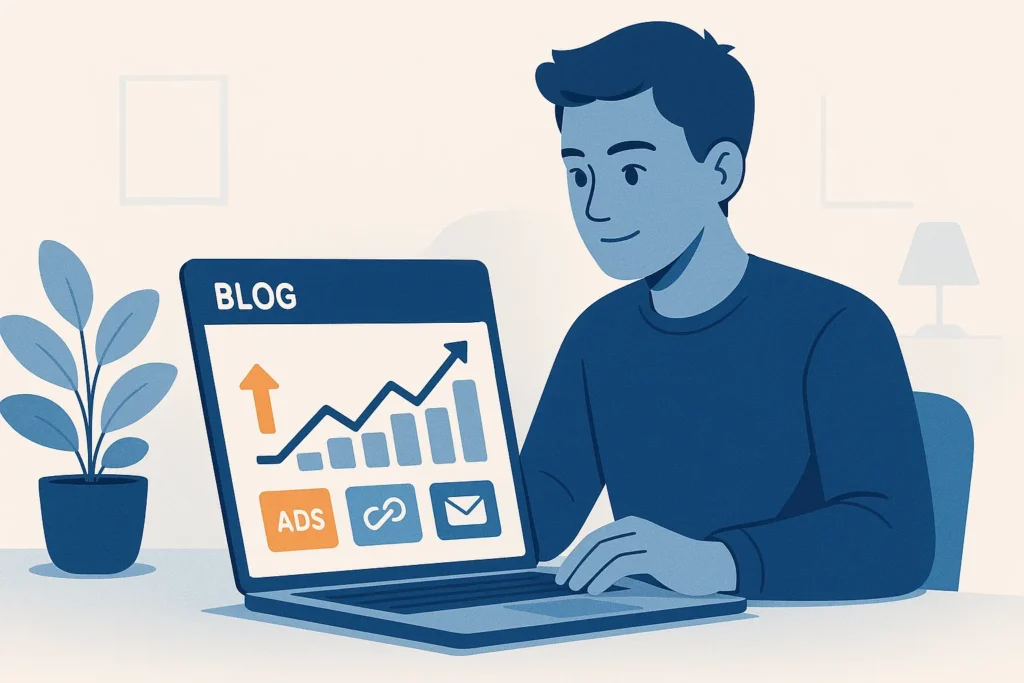 Beginner blogger working on a laptop with growing traffic and monetization indicators in a clean professional workspace.