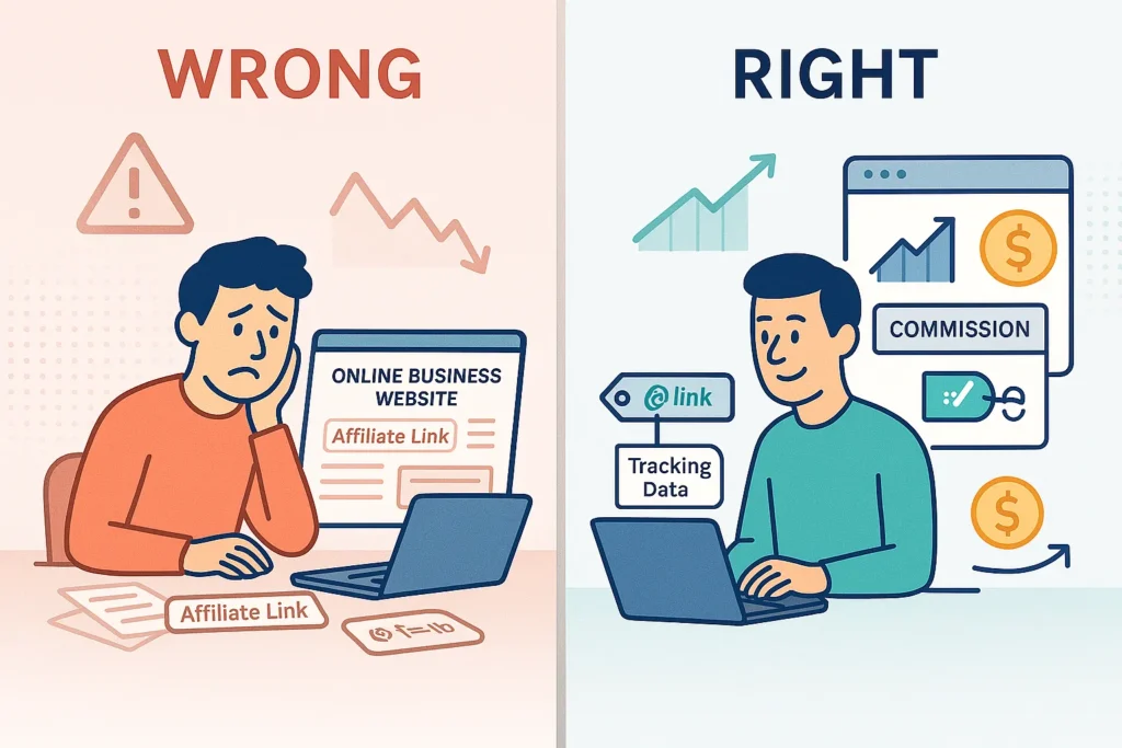 Comparison illustration showing common Affiliate Link mistakes versus smart strategic placement on an online business website.