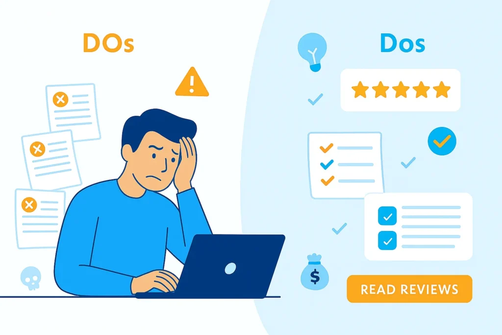 Illustration of a blogger avoiding common mistakes in affiliate product reviews.