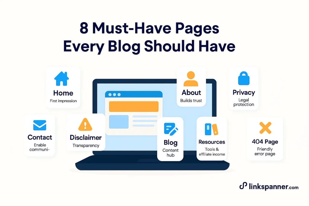 Illustration showing a laptop surrounded by icons representing essential blog pages — Home, About, Contact, Privacy Policy, Disclaimer, Blog, Resources, and 404 Page — symbolizing the structure of a professional blog.