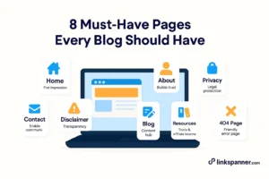 Illustration showing a laptop surrounded by icons representing essential blog pages — Home, About, Contact, Privacy Policy, Disclaimer, Blog, Resources, and 404 Page — symbolizing the structure of a professional blog.