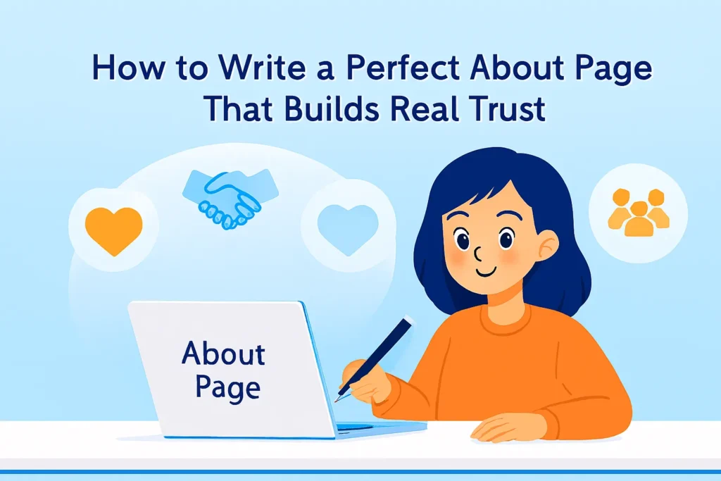 Illustration of a smiling blogger writing their About Page on a laptop, with floating icons of trust like a heart and handshake, in calming blue-white tones.