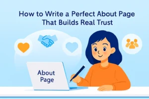 Illustration of a smiling blogger writing their About Page on a laptop, with floating icons of trust like a heart and handshake, in calming blue-white tones.