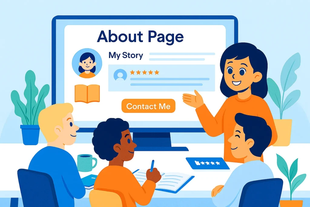 Illustration of a happy blogger looking at a completed About Page on a laptop, surrounded by icons of trust, communication, and growth in soft blue tones.