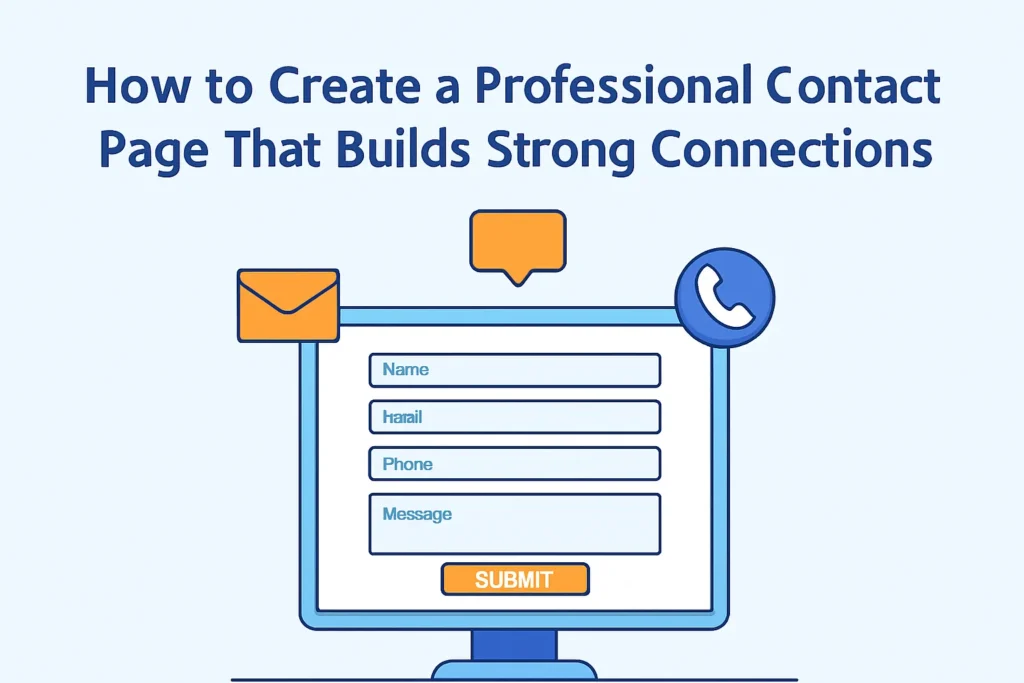 showing a professional contact page on a laptop screen with icons of email, chat, and phone, titled “How to Create a Professional Contact Page That Builds Strong Connections.