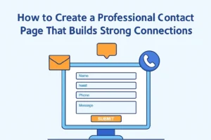 showing a professional contact page on a laptop screen with icons of email, chat, and phone, titled “How to Create a Professional Contact Page That Builds Strong Connections.