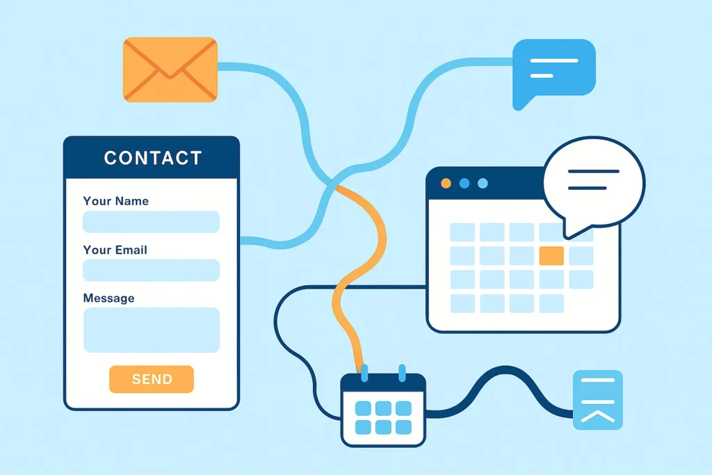 showing a contact form, calendar, and live chat icons connected by digital lines, representing integrated communication tools.
