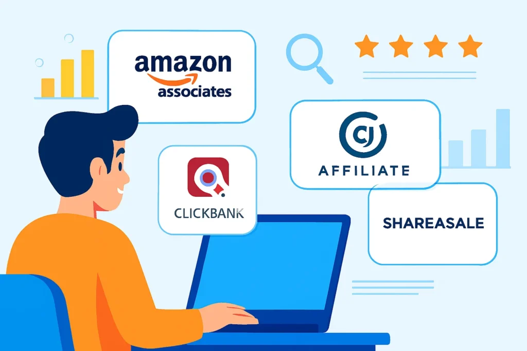 Illustration of a marketer comparing top affiliate programs like Amazon Associates, ClickBank, and ShareASale on a laptop screen.