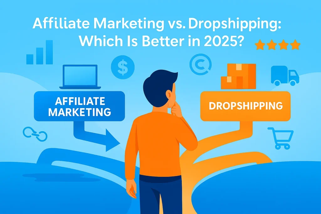 Illustration of a marketer choosing between affiliate marketing and dropshipping paths, symbolizing two online business models.