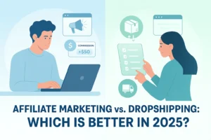 Illustration comparing affiliate marketing and dropshipping with a split-screen design representing both business models.