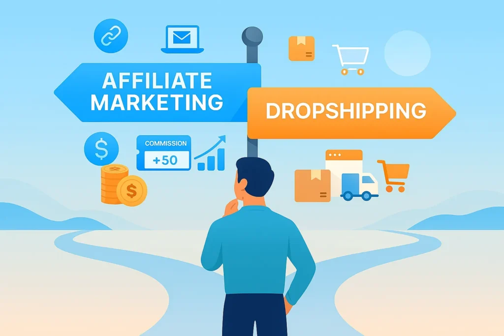 Illustration of a person choosing between affiliate marketing and dropshipping at a crossroad in 2025.