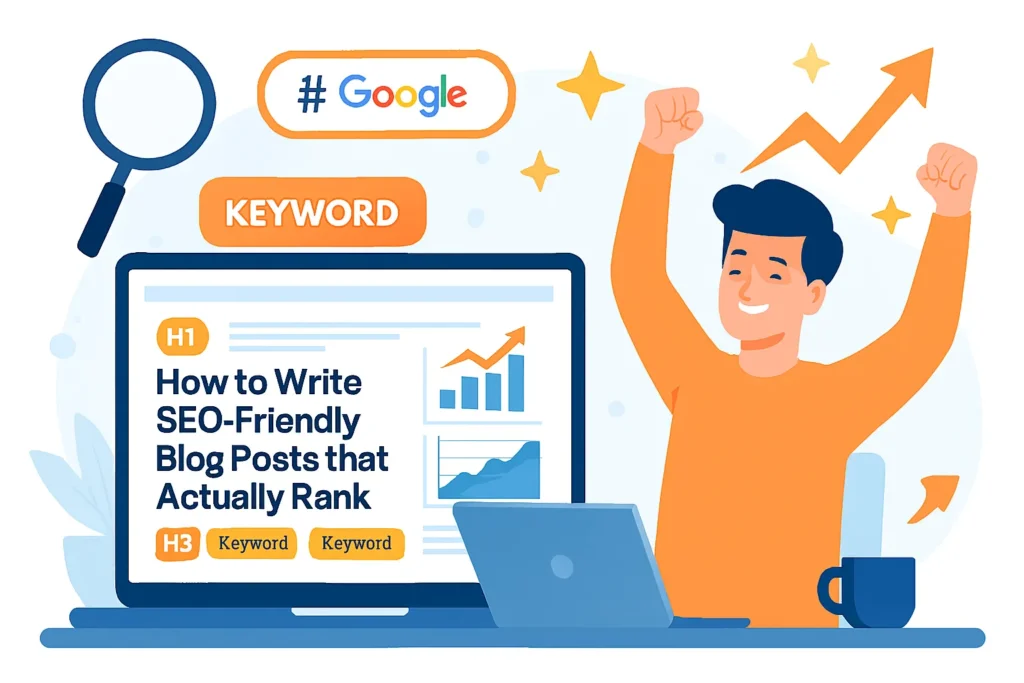 Blogger celebrating a top-ranking blog post with analytics charts and SEO success icons.