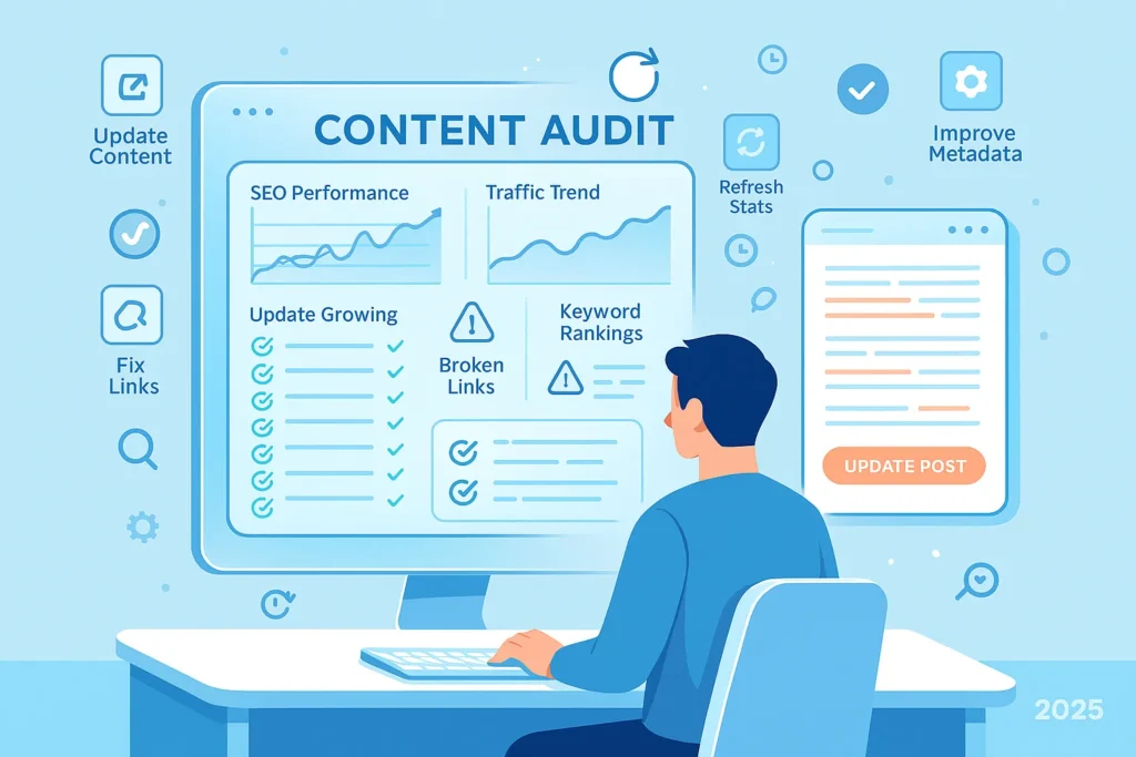 A 2025-style content audit dashboard showing updates, analytics, and SEO checks.