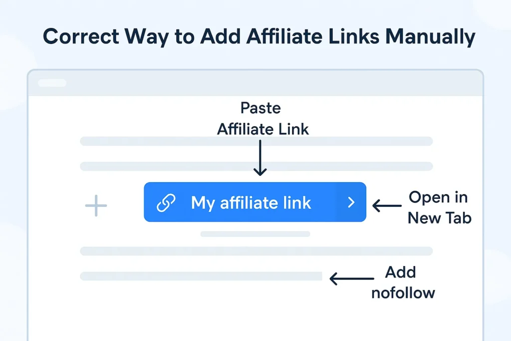 Guide showing how to manually add affiliate links in the WordPress editor.