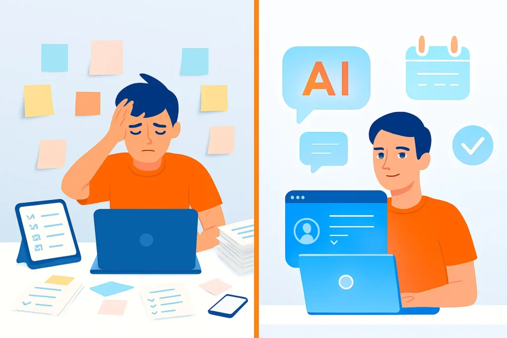 Split-screen illustration showing a stressed person with clutter on the left and a calm person using AI productivity tools on the right.