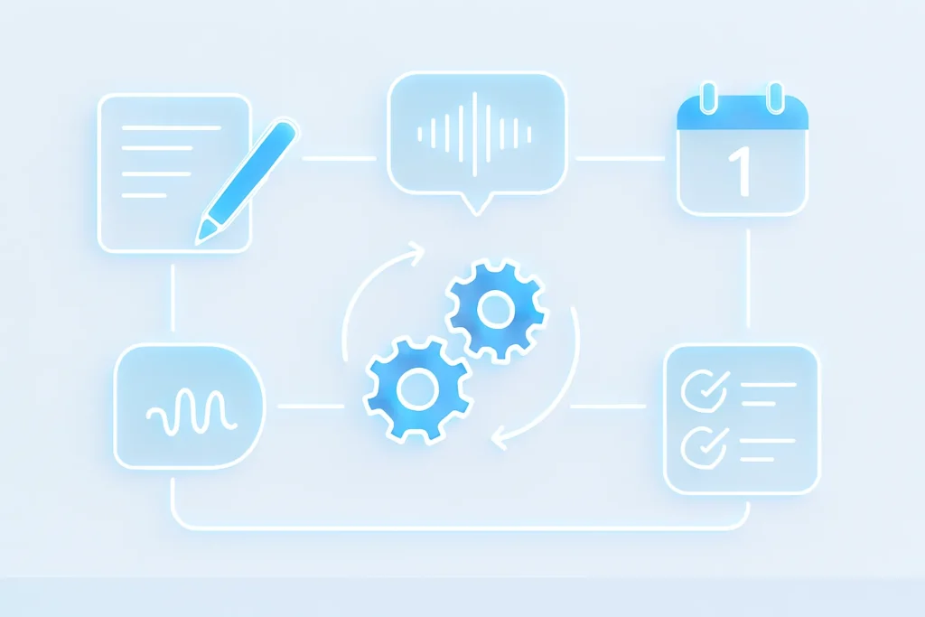 Collage of abstract AI productivity tool icons connected in a digital dashboard layout, representing writing, scheduling, transcription, and automation.