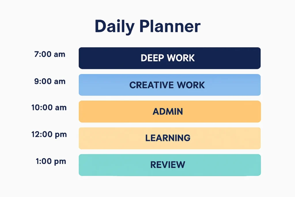 A color-coded daily planner displaying time blocks for Deep Work, Creative Work, Admin Tasks, Learning, and Review, showing how time-blocking structures a productive day.