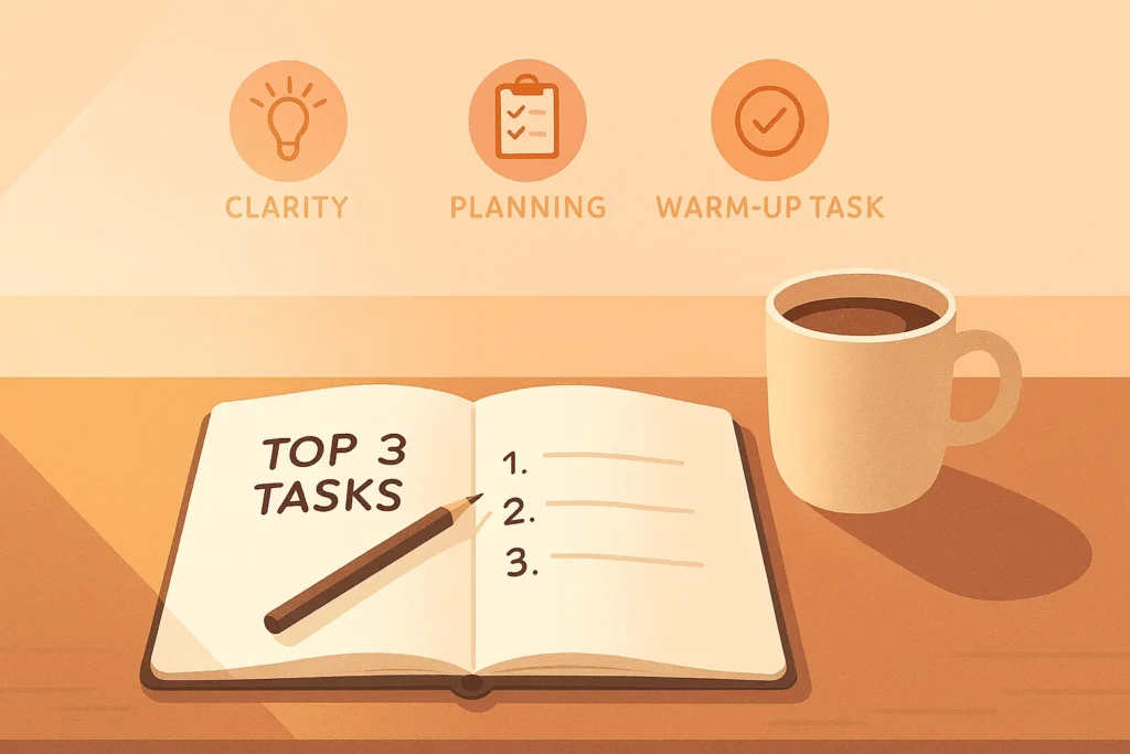 A person at a morning desk, writing the top 3 tasks in a notebook with sunlight streaming in, a coffee mug nearby, and small icons representing clarity, planning, and warm-up tasks.