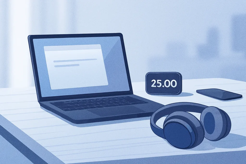 A clean, minimal workspace with a laptop, timer, and noise-canceling headphones, phone kept away, symbolizing a distraction-free environment for focused work.