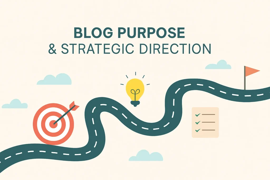 Roadmap-style illustration showing a clear blogging direction with icons like a target, lightbulb, and checklist.