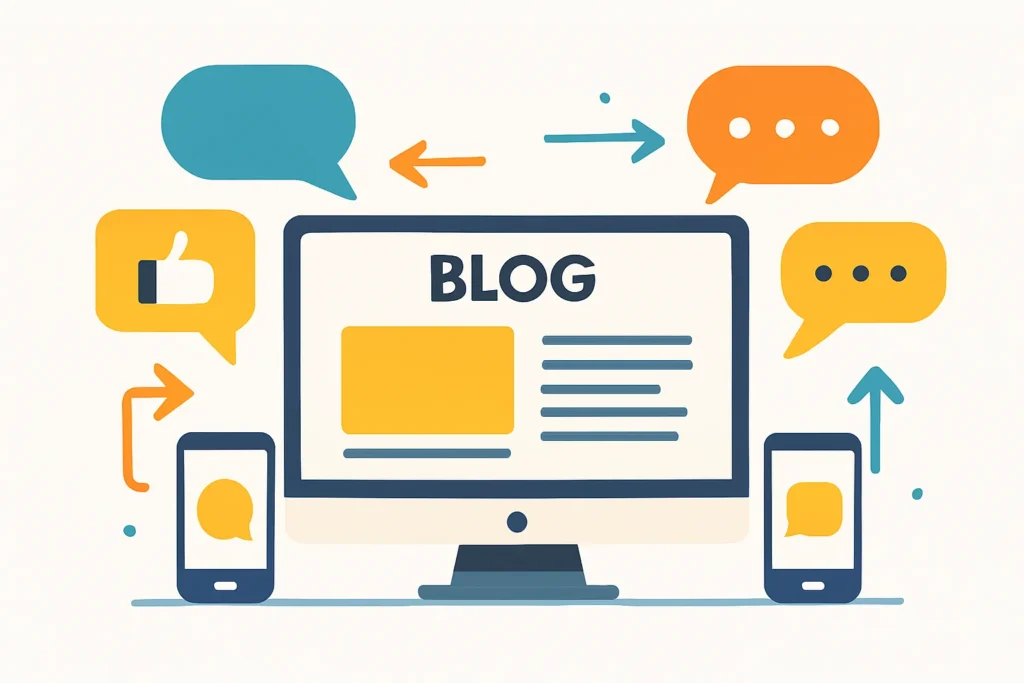 Illustration showing blog posts being shared across generic social media platforms using abstract icons like arrows, chat bubbles, and mobile devices.