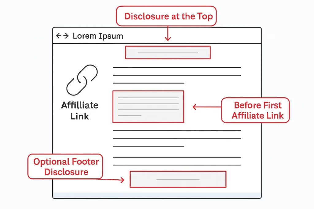 Wireframe-style illustration of a blog post layout showing recommended disclosure placements: top of the post, before the first affiliate link, and an optional footer section.