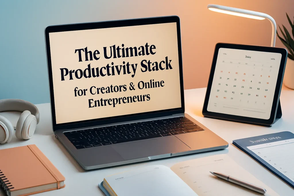 Modern digital workspace setup with laptop, planner, and creative tools featuring the title ‘The Ultimate Productivity Stack for Creators & Online Entrepreneurs’.
