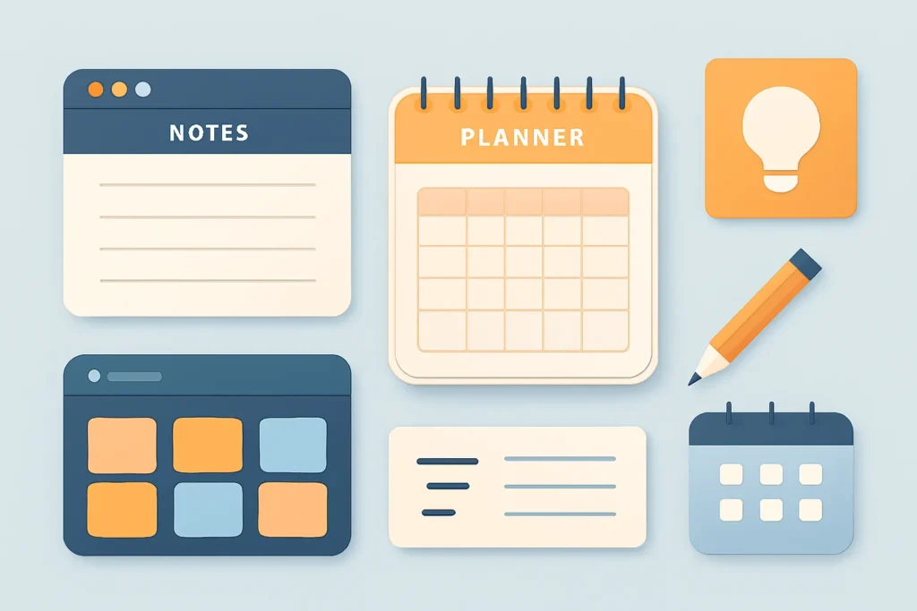 Digital automation workflow concept with interconnected apps and tools illustrating automated tasks and productivity systems.
