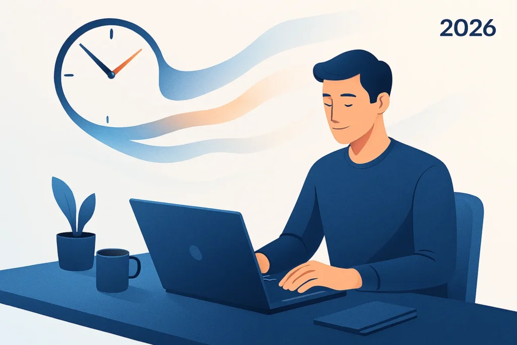 Focused person working calmly at a desk with clock symbols transforming into flowing light, representing productivity and winning more time in 2026.