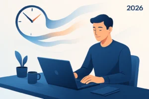 Focused person working calmly at a desk with clock symbols transforming into flowing light, representing productivity and winning more time in 2026.