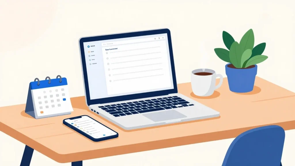 Organized beginner workspace with simple task management tools and a calm productive environment