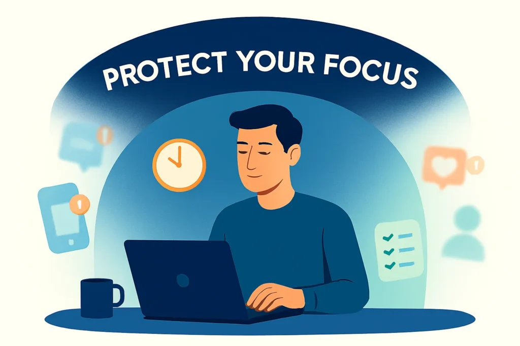 Illustration of a focused person working without distractions, symbolizing deep focus windows and protected attention for productive work in 2026.