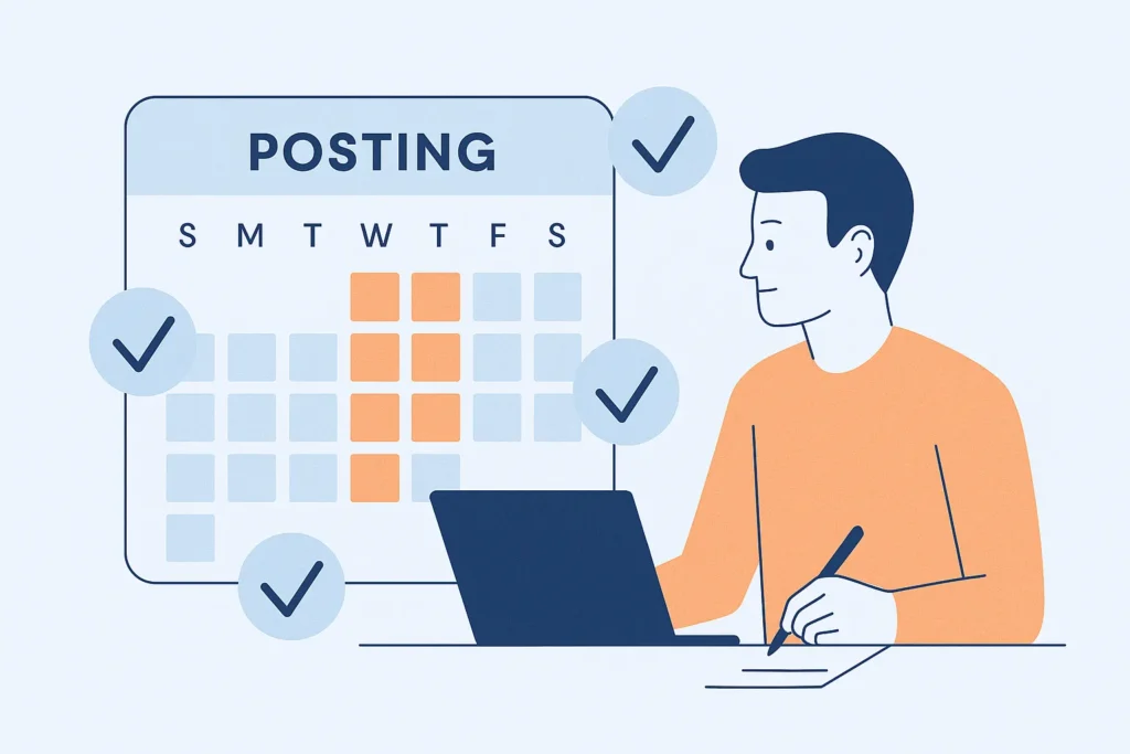 Illustration of a blogger planning a weekly posting schedule on a calendar and laptop.