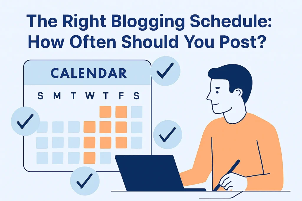Illustration of a blogger planning a content calendar with the title “The Right Blogging Schedule: How Often Should You Post?” displayed.