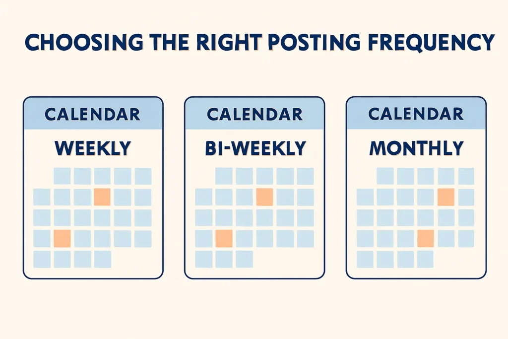 Illustration comparing weekly, bi-weekly, and monthly blogging schedules using mini-calendars.