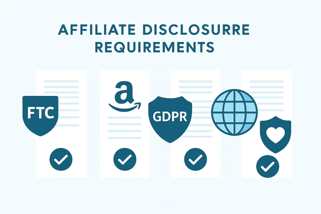 Infographic illustration of affiliate disclosure legal requirements including FTC, Amazon, and GDPR