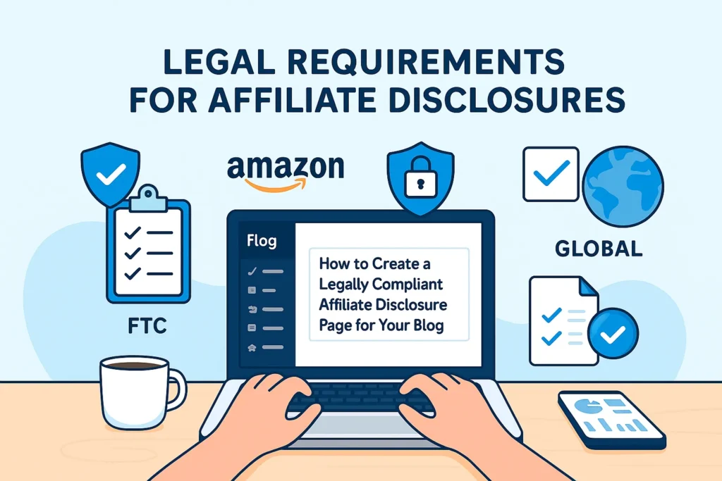 Blogger creating an affiliate disclosure page on a laptop with checklist and notes