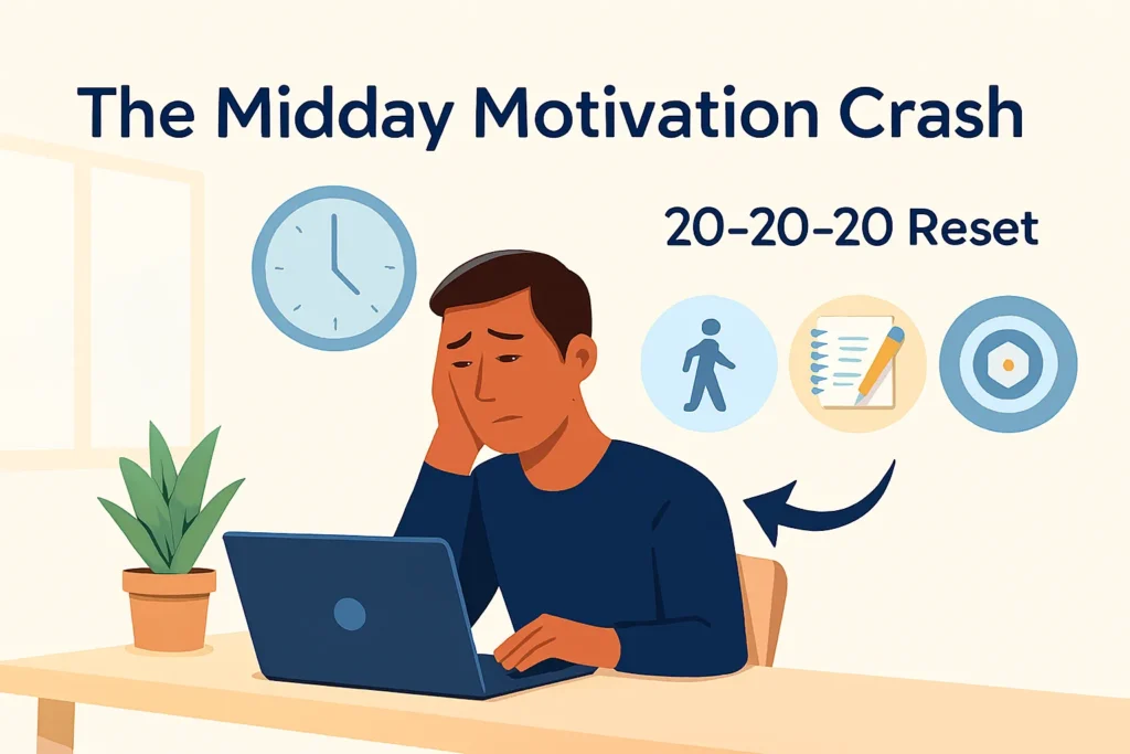 An illustration of a tired person at their desk around 1–3 PM with icons representing the 20–20–20 Reset: walking, planning, and focused work.