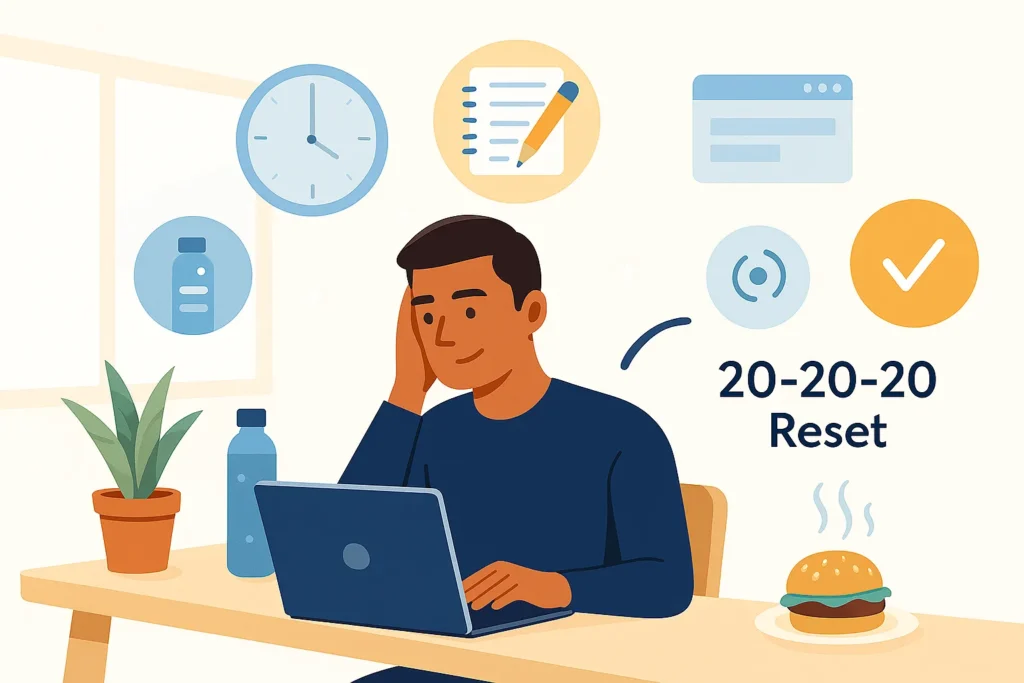 a productive person working at a clean home desk with icons representing focus-boosting tips like hydration, time-blocking, planning, and the two-tab rule.