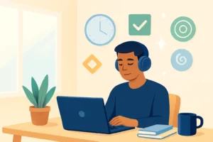 a calm home workspace with a focused person at a minimalist desk, surrounded by subtle productivity cues like a clock, plant, and abstract icons.