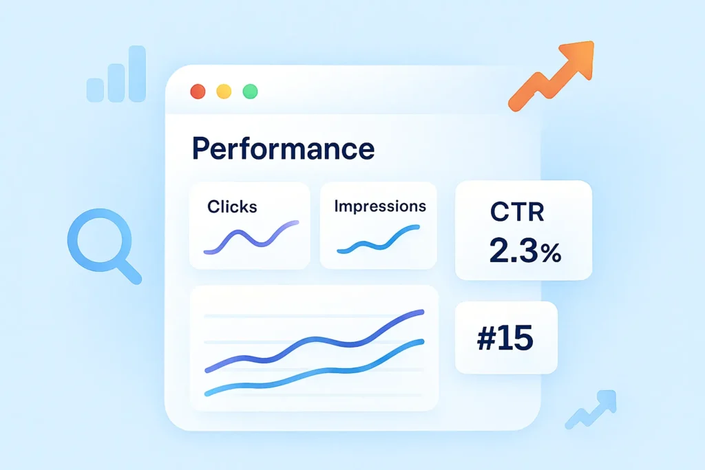 Simplified illustration of the Google Search Console Performance Report with graphs and SEO metrics.