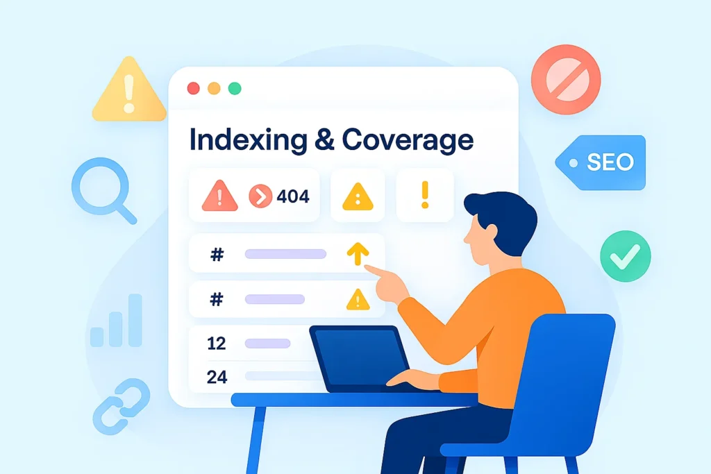 Illustration showing indexing and coverage issues in a Google Search Console–style dashboard.