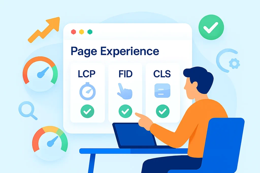 Illustration of a blogger reviewing Core Web Vitals and page experience metrics to improve SEO.
