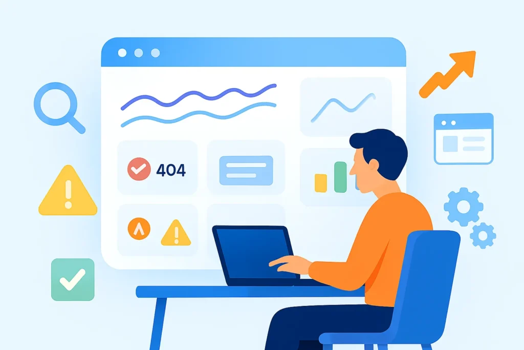 Blogger analyzing a Google Search Console–style analytics dashboard to improve blog SEO.