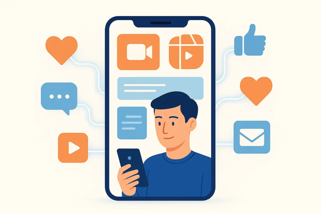 Smartphone with abstract social content icons showing how to promote affiliate products on social media.