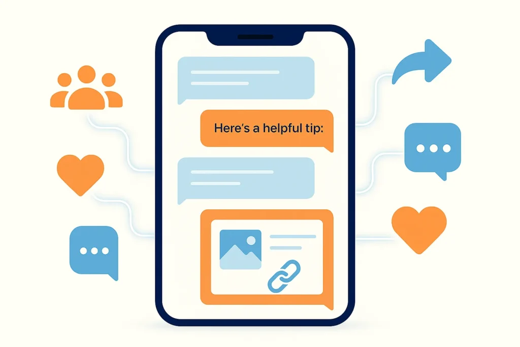 Smartphone with abstract chat bubbles and sharing icons showing how to promote affiliate products through messaging groups.